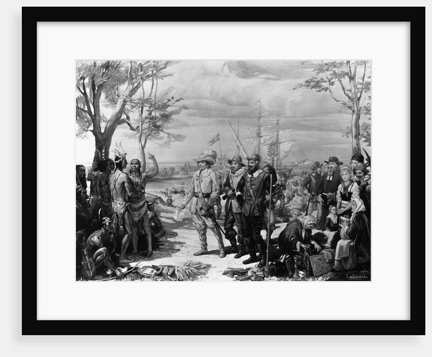 Painting of Native Americans Greeting Swedish Settlers by Christian Von Schneidau