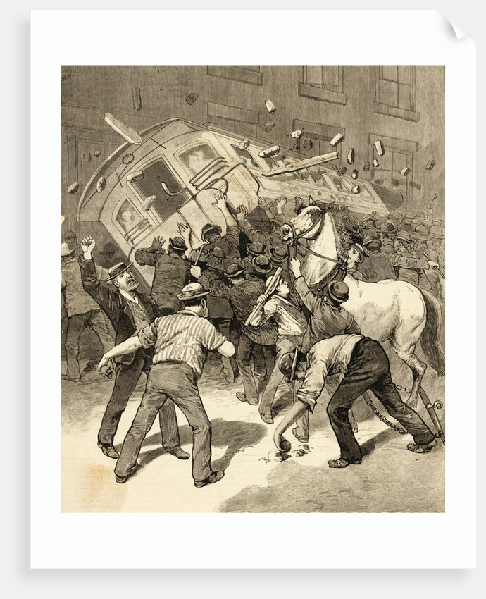 Illustration of Striking Conductors and Drivers Overturning a Trolley Car by Anonymous