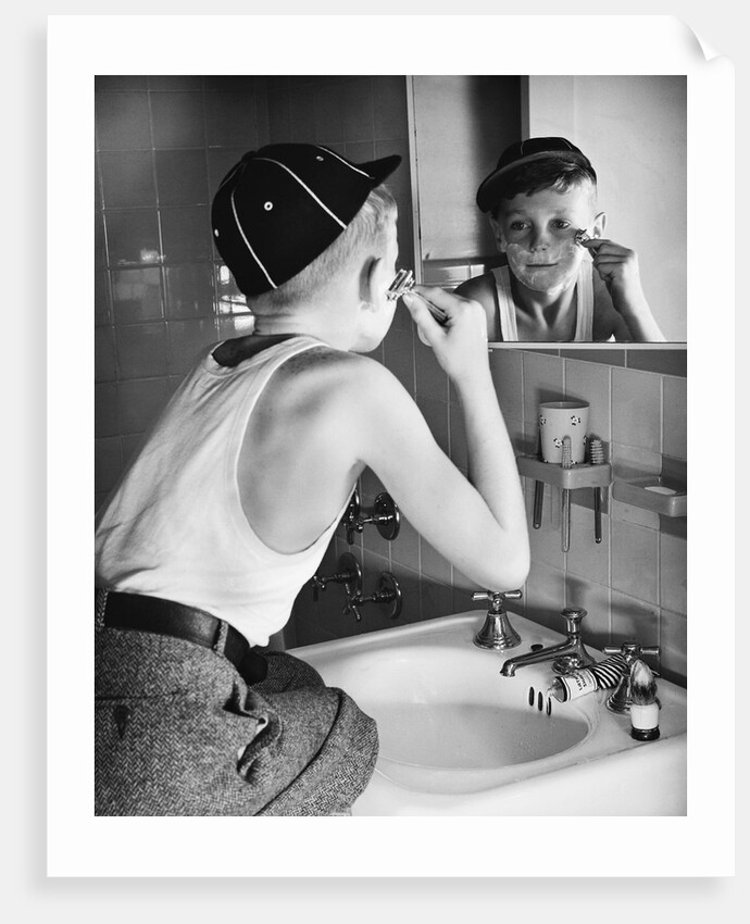 Boy Shaving at Mirror by Anonymous
