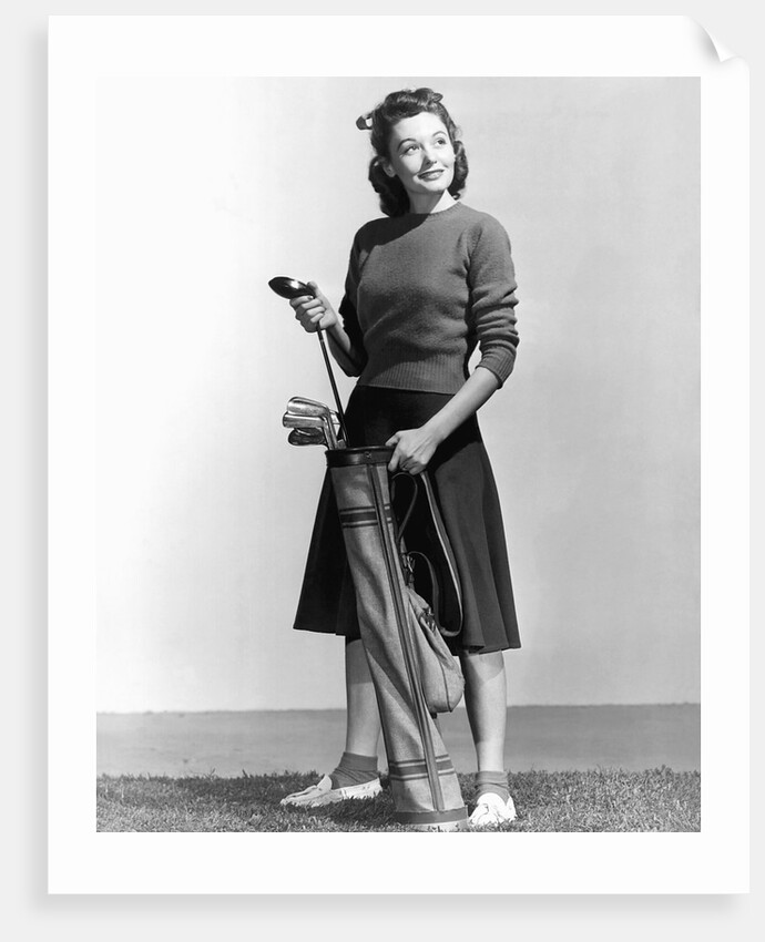 Woman Holding Golf Club And Golf Bag by Anonymous