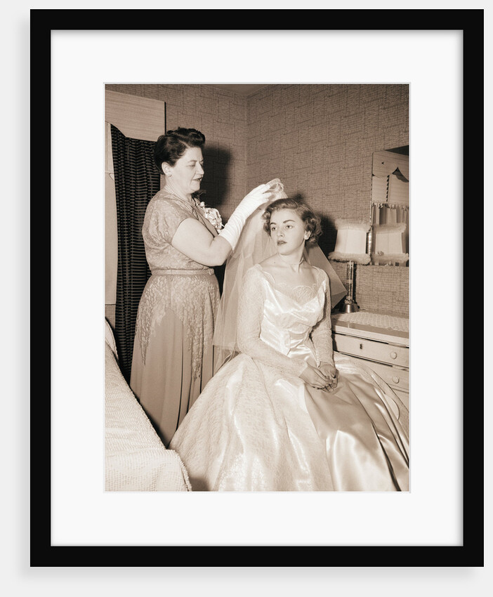 Mother Putting Bridal Veil on Daughter by Anonymous