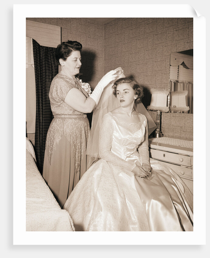Mother Putting Bridal Veil on Daughter by Anonymous
