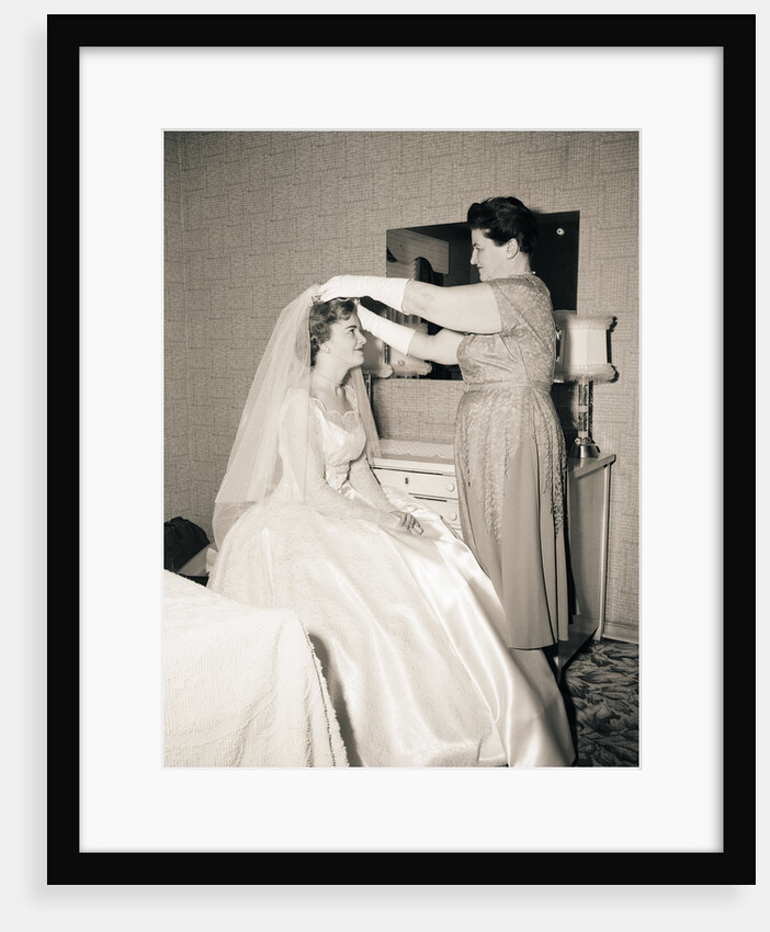 Mother Putting Bridal Veil on Daughter by Anonymous