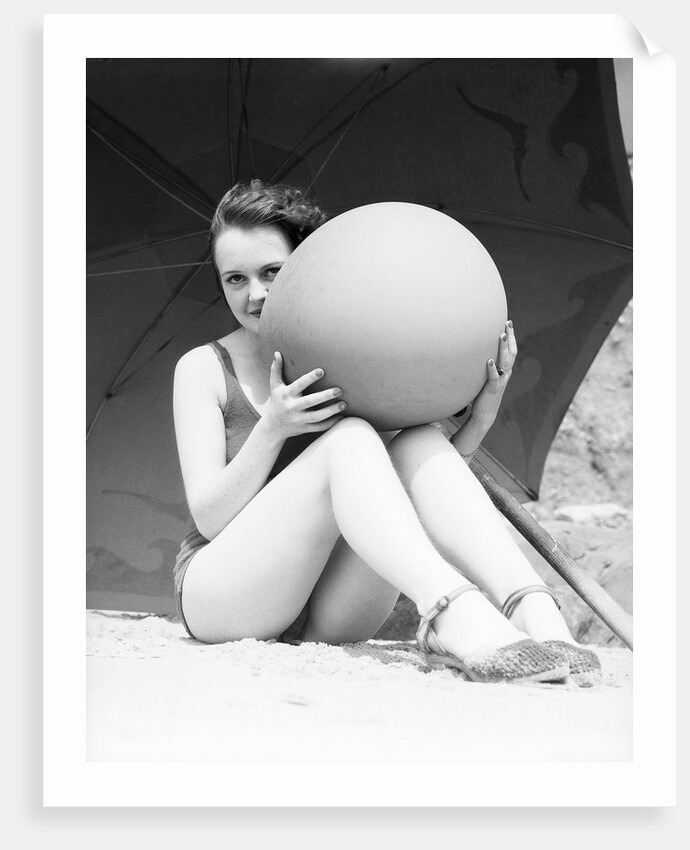 Woman in Bathing Suit Holding Beach Ball by Anonymous