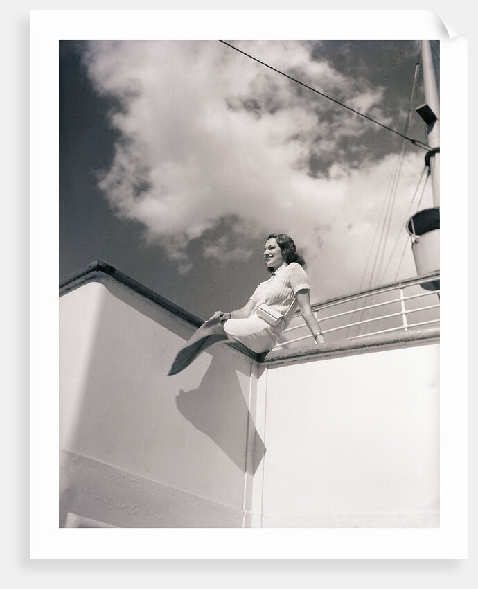 Woman Sitting on Boat Railing by Anonymous