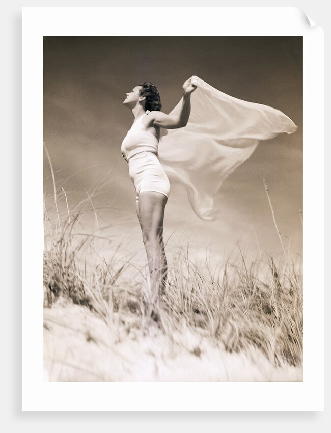 Woman in Swimsuit Holding Scarf by Anonymous