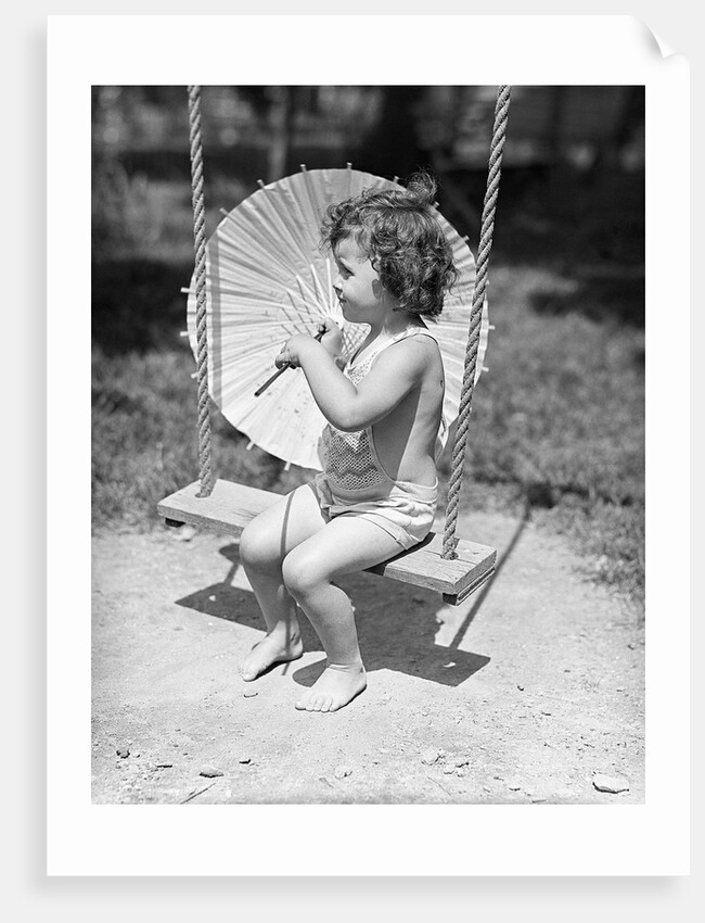Girl on Swing Holding Parasol by Anonymous