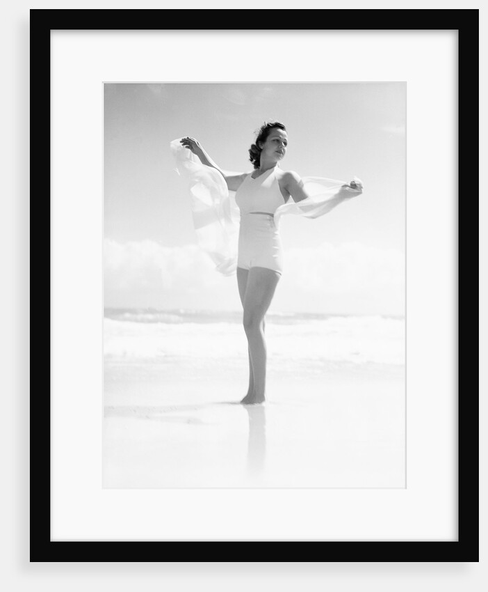 Woman at Beach Holding Sheer Scarf by Anonymous