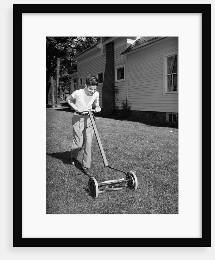 Boy Pushing Manual Lawnmower by Anonymous