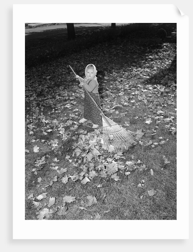 Little Girl Raking Leaves by Anonymous
