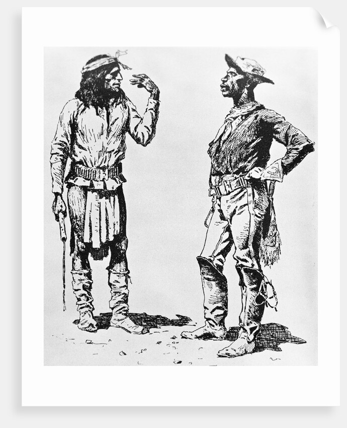 Illustration of Native American Communicating in Sign Language to Black Cavalryman by Frederic Remington