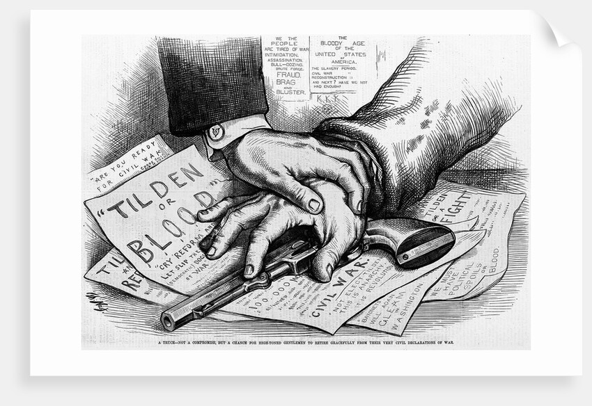 Two hands that are touching a gun that is laying on advertisments by Anonymous