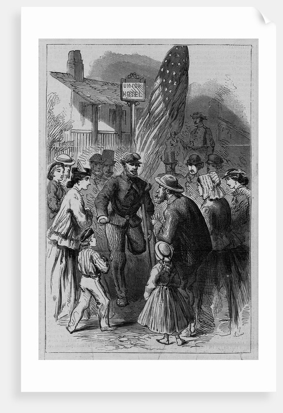 A veteran with a crutch stands with a crowd around him by Anonymous