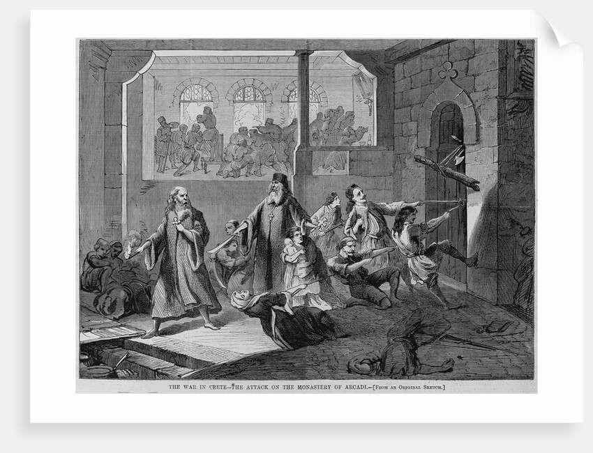 The war in Crete - the attack on the monastery of Arcadi. From an original sketch by Anonymous