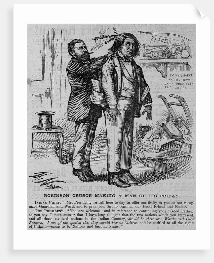 Robinson Crusoe making a man of his friday. Indian chief by Anonymous