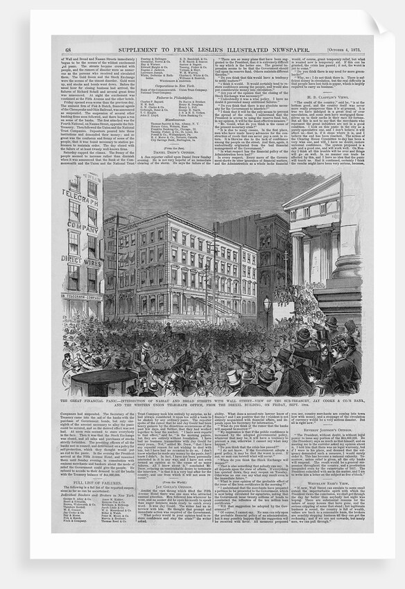 The Great Financial Panic - Intersection of Nassau and Broad Streets with Wall Street - View of the Sub-Treasury, Jay Cooke & Co.'s Bank, And the Wester by Anonymous