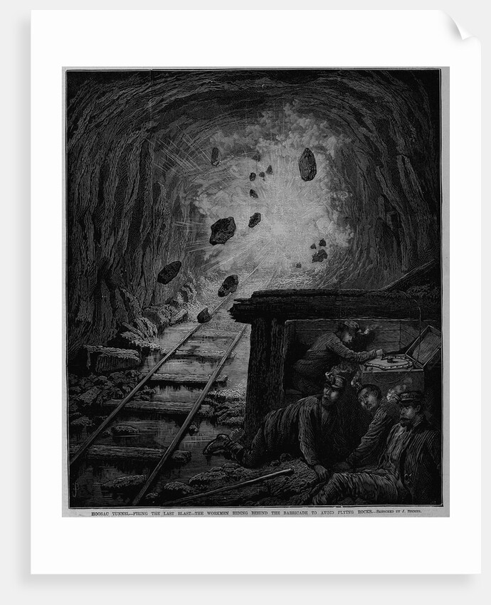 Hoosac Tunnel - Firing the Last Blast - The Workmen Hiding Behind the Barricade to Avoid Flying Rocks by Anonymous