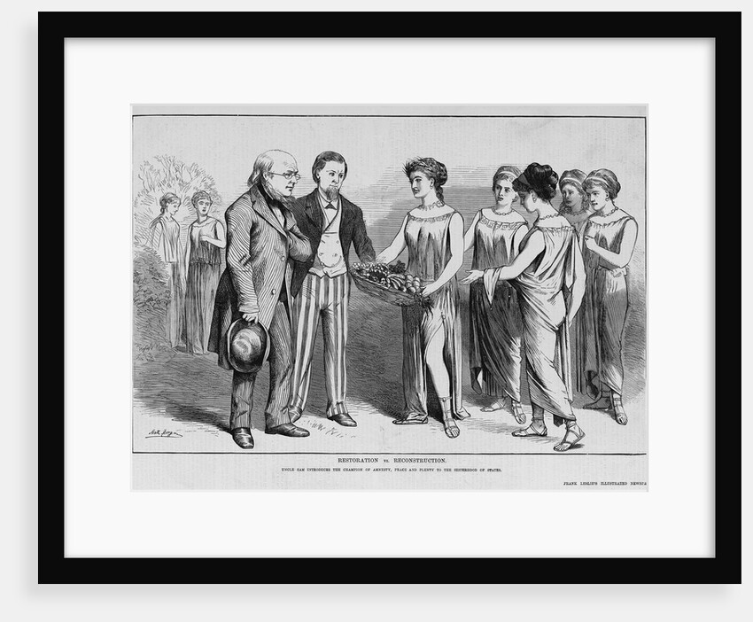 Restoration vs. Reconstruction. Uncle Sam introduces the Champion of Amnesty, Peace and Plenty to the Sisterhood of States by Anonymous