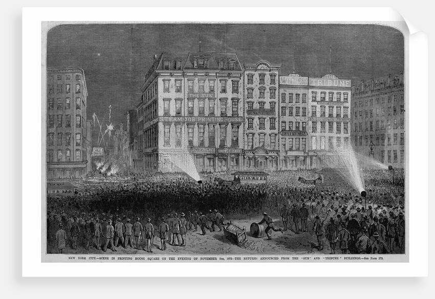 New York City - Scene in Printing House Square on the evening of November 5th, 1872 - The returns announced from the "Sun" and "Tribune" Buildings. S by Anonymous
