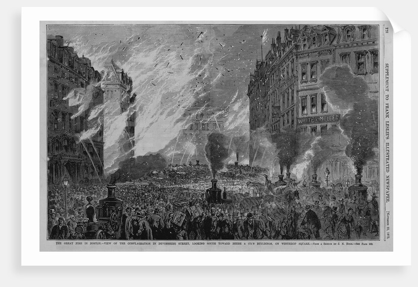 The Great Fire in Boston - View of the conflagration in Devonshire Street, looking south toward Beebe & Co.'s Buildings, on Winthrop Square. From a s by Anonymous
