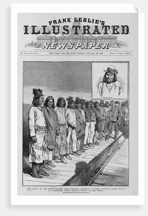 The pursuit of the hostile Apache Chief Geranimo - mustering in White Mountain Apache scouts at a Southern Pacific Railway Station on the plains. Fro by Anonymous
