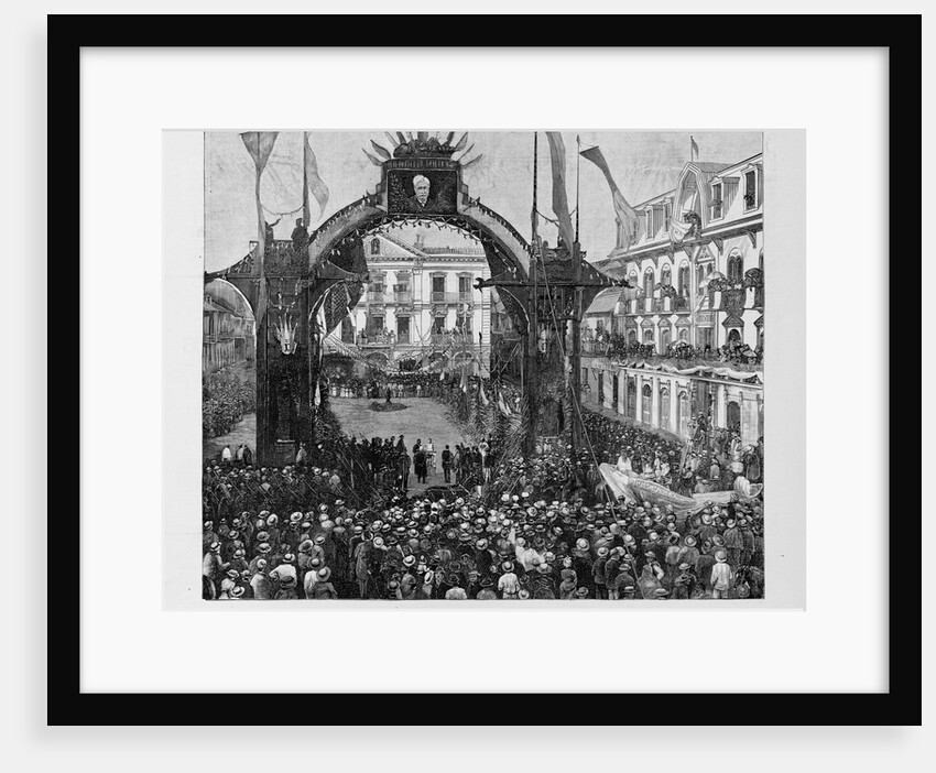 The Panama Canal - M. De Lesseps, on his arrival at Panama, receiving a floral crown under the triumphal arch in front of the Episcopal Palace. See p by Anonymous