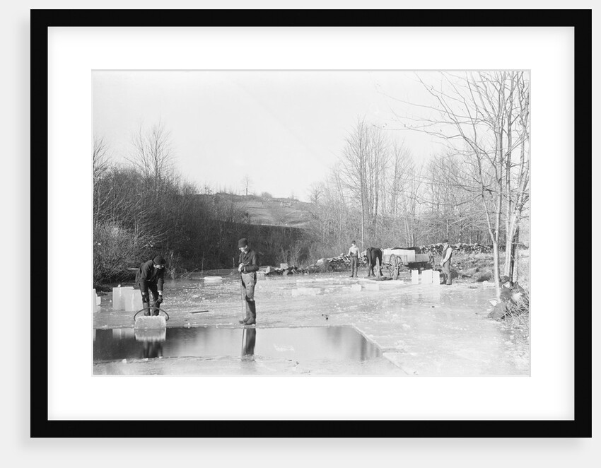 Men Cutting Ice From Frozen Pond by Anonymous