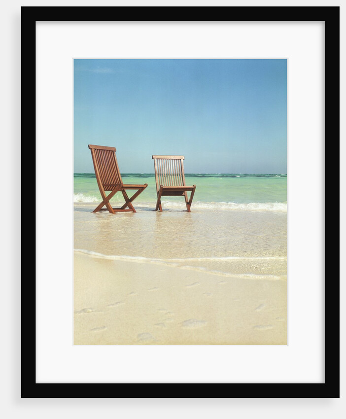 Pair of Wooden Lounge Chairs on Beach by Anonymous