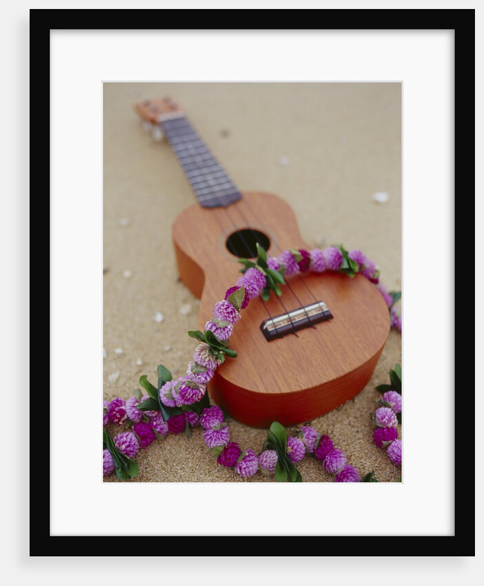 Ukelele and garland, elevated view by Anonymous