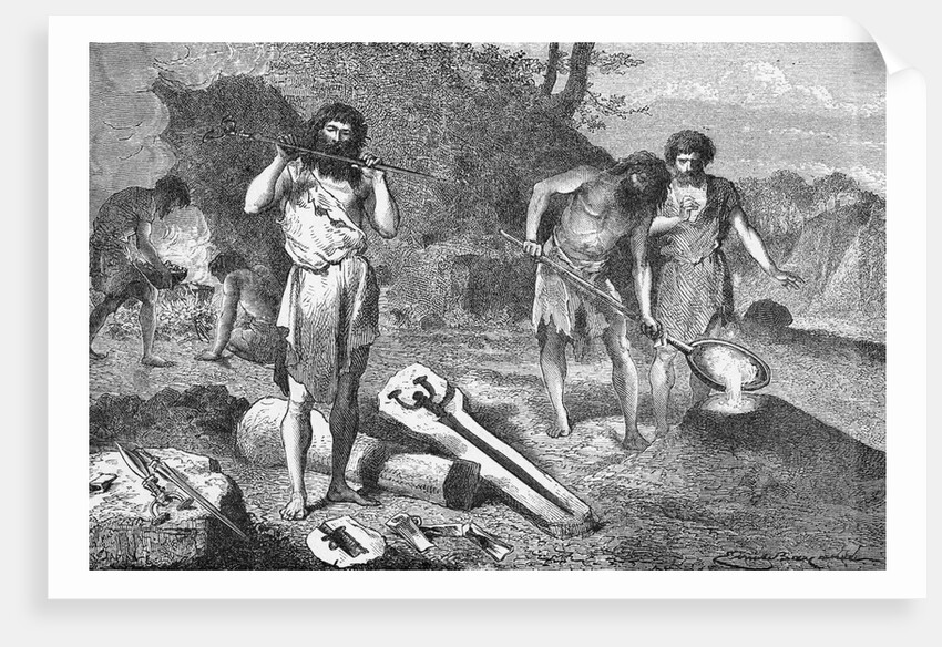 Woodcut Illustration of Prehistoric Men Casting Swords by Anonymous