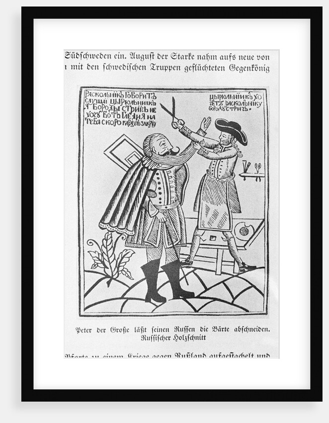 Woodcut of Peter the Great cutting the beard of a boyar by Anonymous