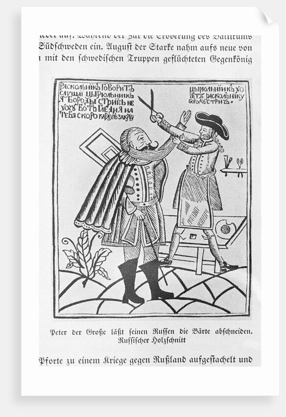 Woodcut of Peter the Great cutting the beard of a boyar by Anonymous
