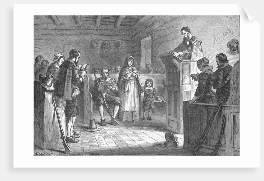 Print Depicting Public Worship at Plymouth by the Pilgrims by Anonymous
