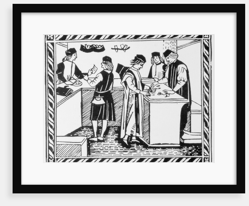 15th-Century Woodcut of an Italian Banking House by Anonymous