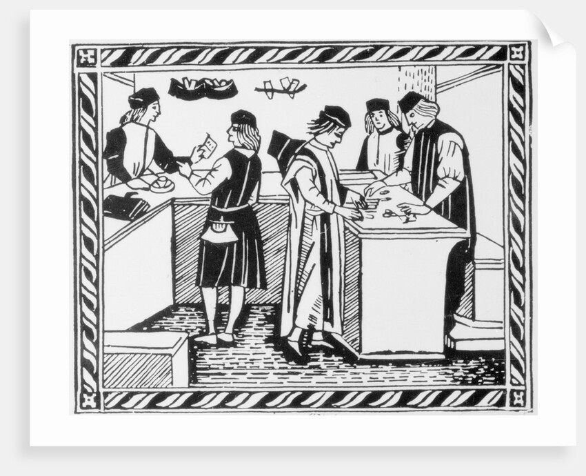 15th-Century Woodcut of an Italian Banking House by Anonymous