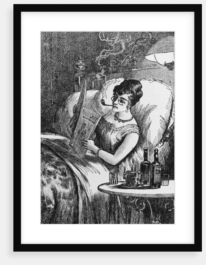 Woman Smoking Pipe in Bed While Reading Police Gazette by Anonymous