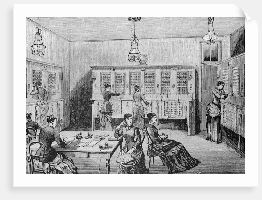 Woodcut Depiction of Early Telephone Room by Anonymous