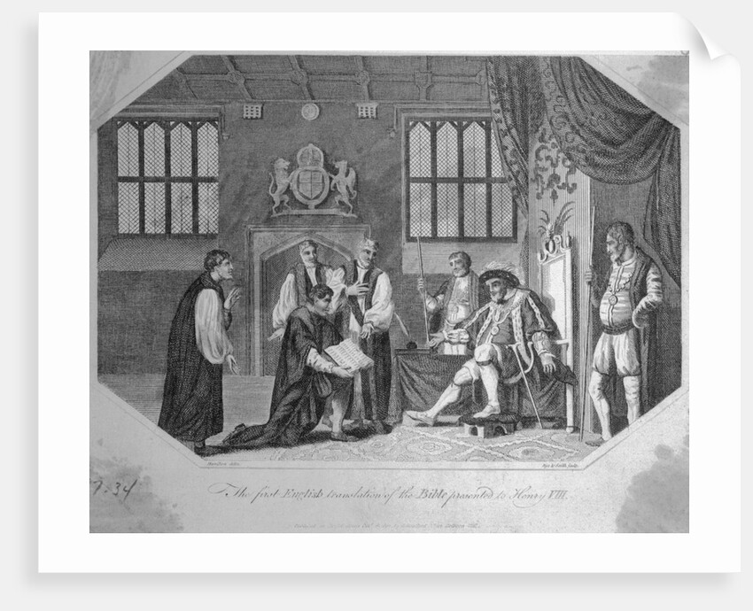 The First English Translation of the Bible Presented to Henry VIII Engraving by Anonymous