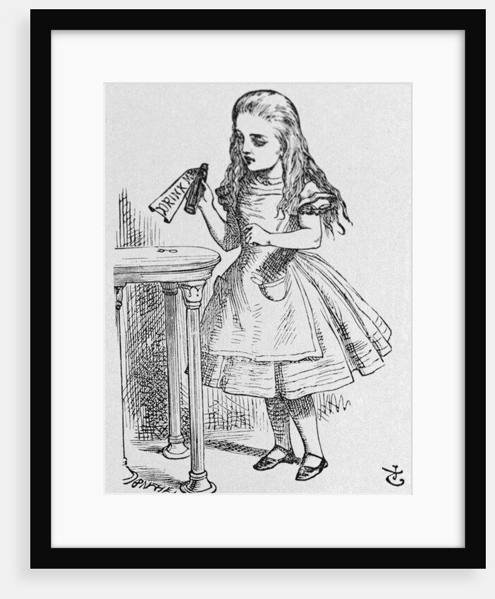 Illustration Depicting Alice Holding the Bottle Labelled "Drink Me" by John Tenniel