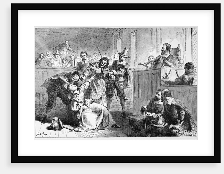 Engraving of a Suspect Fainting Before Judge During Witch Hunt Trial by Darley