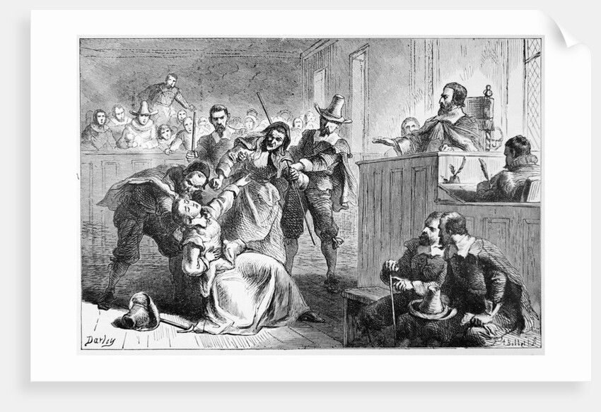 Engraving of a Suspect Fainting Before Judge During Witch Hunt Trial by Darley