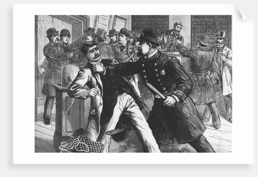 Woodcut Print of Police Raiding Bookie Room by Anonymous