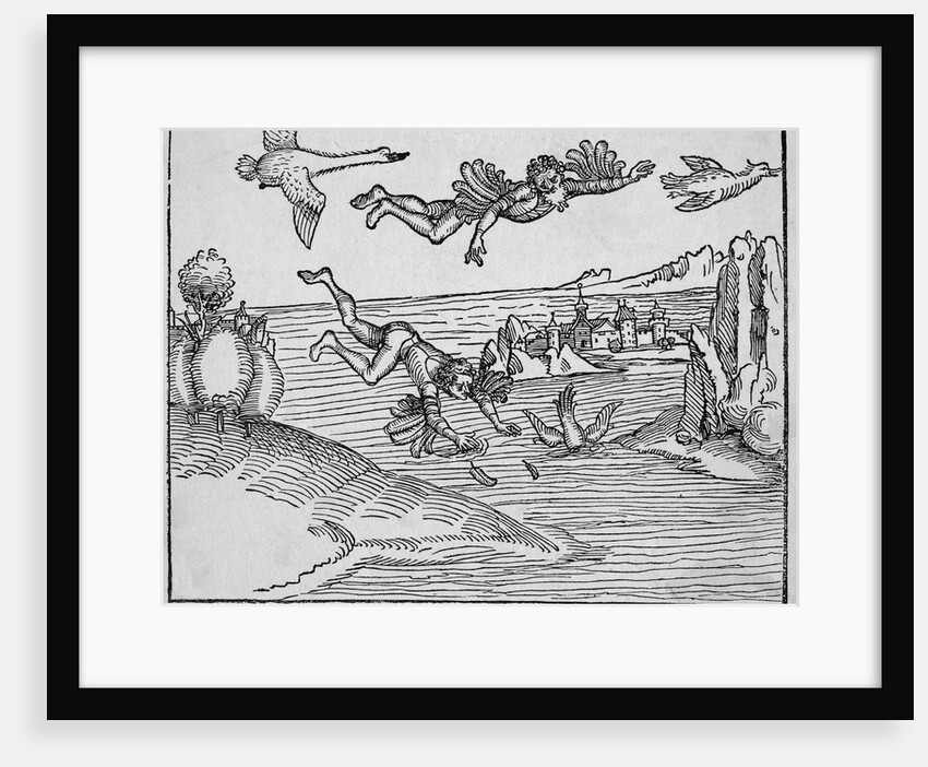 15th-Century Woodcut of the Flight of Daedalus and the Fall of Icarus by Anonymous