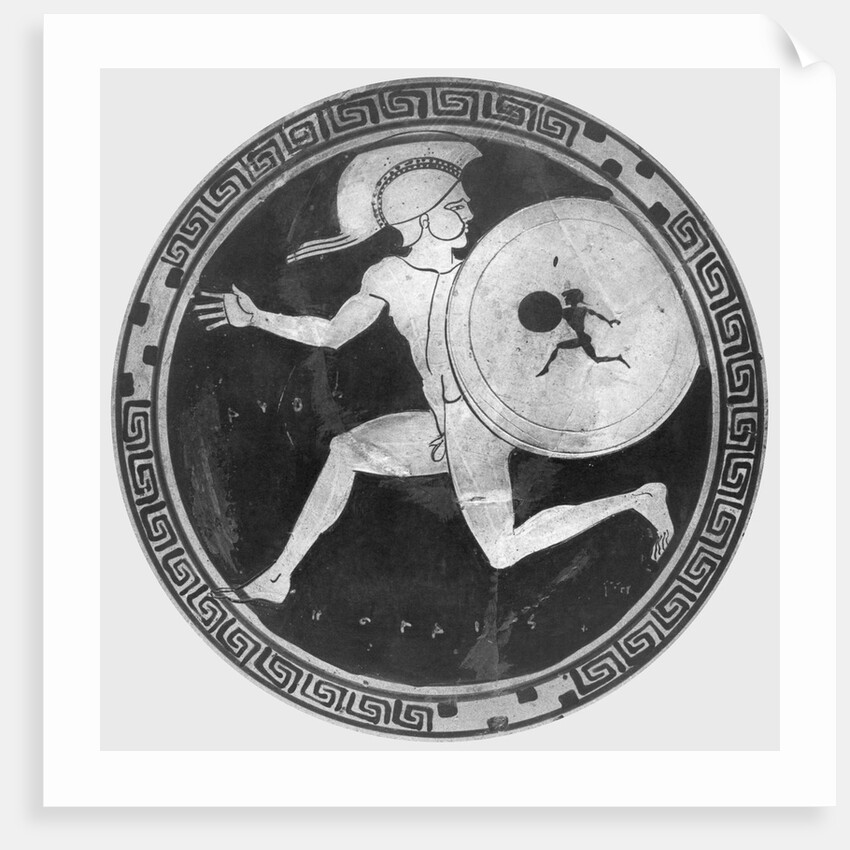 Red Figure Vase Painting with Greek Soldier Holding a Shield by Anonymous