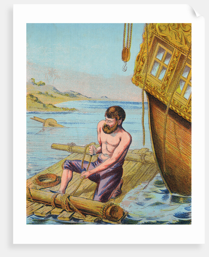 Book Illustration of Robinson Crusoe Tying Together a Raft by Anonymous