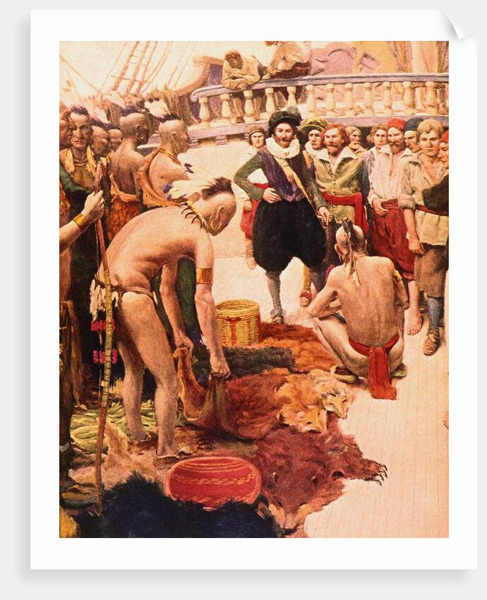 Illustration of Henry Hudson Trading Furs with Native Americans by Anonymous