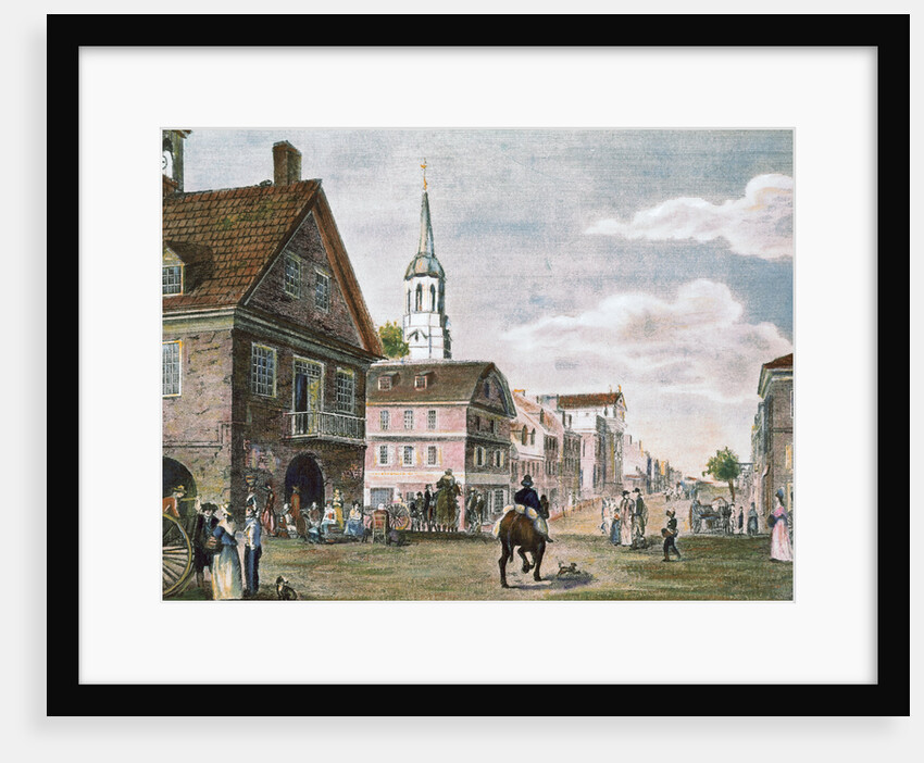 Church and Travelers in Street Scene of Early Philadelphia by Anonymous