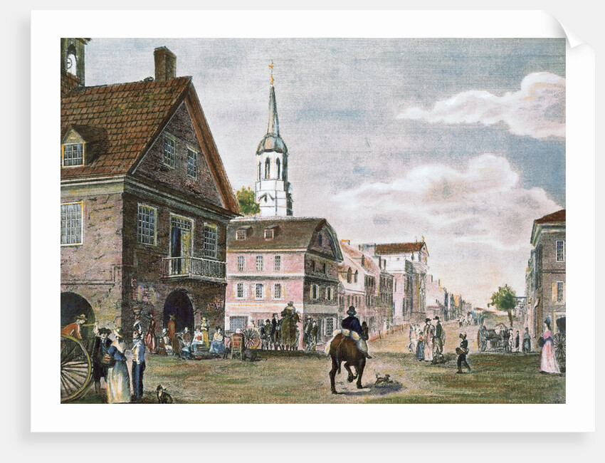 Church and Travelers in Street Scene of Early Philadelphia by Anonymous