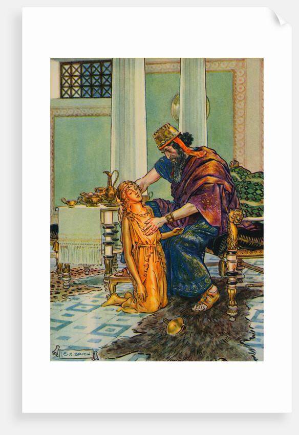 Illustration of King Midas Seeing Daughter Turning into Gold by C.E. Brock