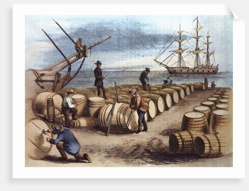 Color Print of Wharf Workers Measuring Whale Oil Content in Barrels by Anonymous